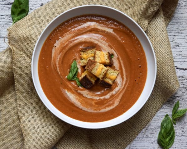 (Dairy Free!) Creamy Tomato Soup with English Muffin Grilled Cheese Croutons